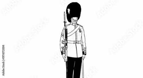 A full-body illustration of a standing soldier in ceremonial attire with a rifle