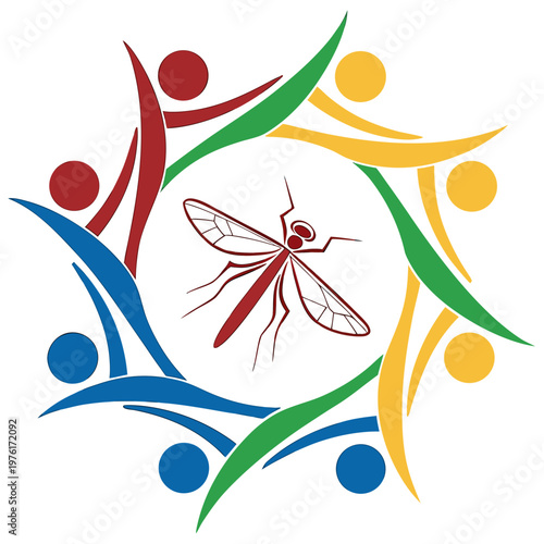 Slika na platnu Circular community logo with colorful people holding hands around central mosquito for collaborative efforts in malaria eradication and global health