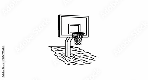 A black and white line drawing of a basketball hoop emerging from wavy lines