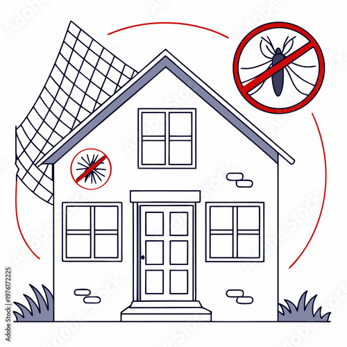Tableau sur toile Mosquito control around house with netting and anti mosquito symbols indicating pest free property for health and safety