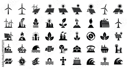 Diverse icons representing various renewable and non-renewable energy sources and environmental elements Vector