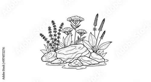 A black and white sketch of a rocky outcrop with various plants and flowers