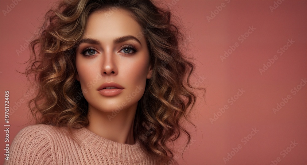 Fototapeta premium Beautiful young woman with wavy hair wearing a pink sweater
