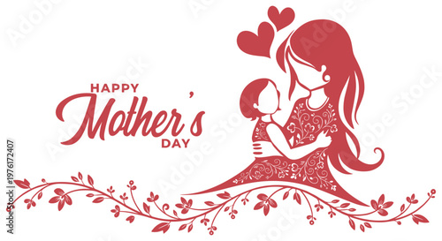 Celebrating Mother's Day with a heartfelt illustration of a mother embracing her child, surrounded by floral elements and a touching message of love