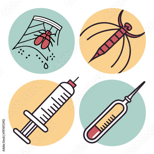 Spider on net catching insects, dangerous insect illustration, syringe with red liquid, vial with red liquid for medical testing.