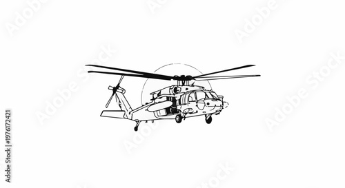 A black and white line drawing of a helicopter in mid-flight