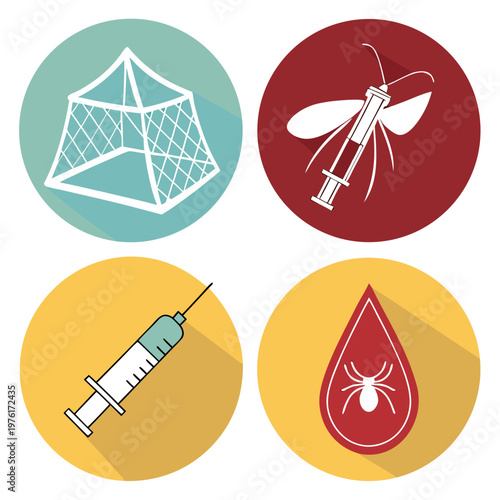 Mosquito net, medical injection, mosquito with syringe, blood drop with spider icon representing disease prevention and medical treatment.