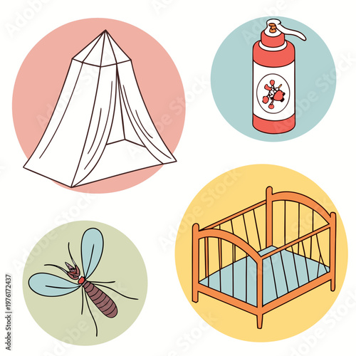 Four round icons featuring a mosquito net, insect repellent, mosquito, and a baby crib on colored backgrounds.