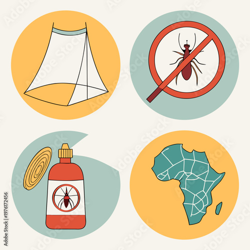 Mosquito net, no insect sign, insect repellent spray bottle, map of Africa representing disease prevention and vector control efforts.