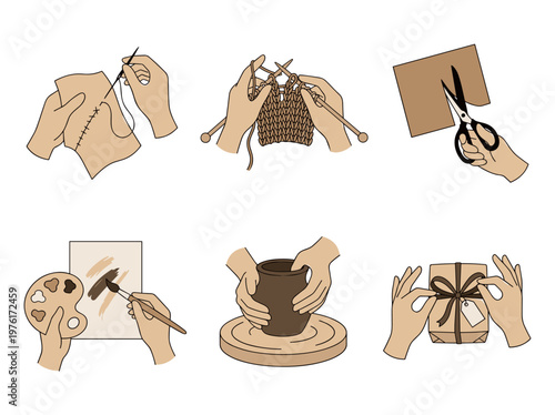 Handmade craft and DIY workshop elements set: sewing, knitting, pottery, painting icons.