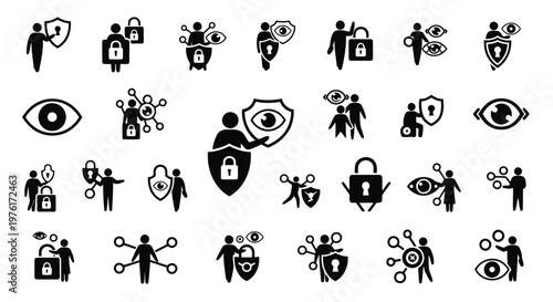 Collection of icons depicting various aspects of digital security and surveillance Vector