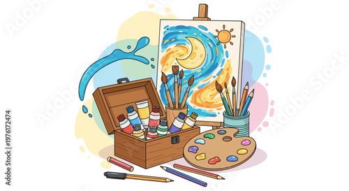 Vibrant art supplies and creative tools arranged to inspire artistic expression and imagination, showcasing a palette of colors, brushes, paints, and easel for painting and drawing projects