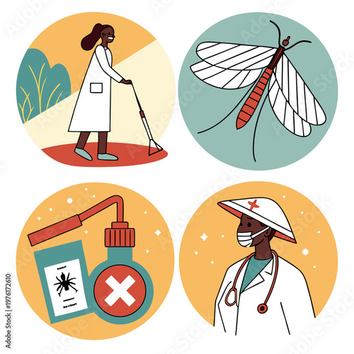 Public health professionals and equipment for disease control like mosquito spraying and medical research in tropical disease prevention.
