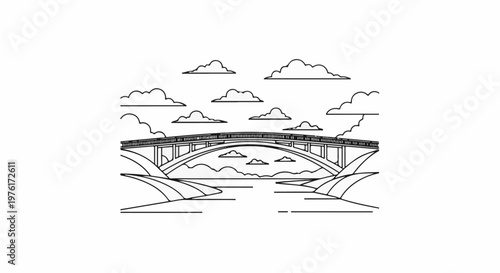 A black and white line drawing of a large bridge spanning a body of water under a cloudy sky