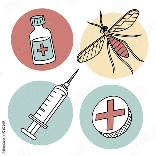 Mosquito prevention healthcare icons depicting medicine bottle with cross plus needle syringe and red medical badge symbols for disease protection.