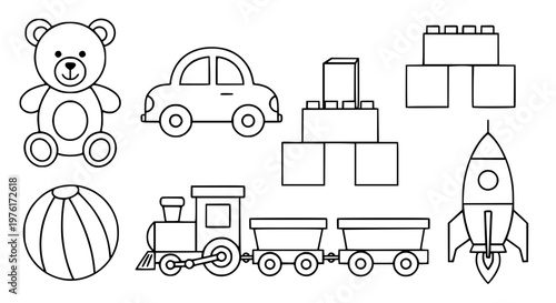 kids toys vector set, teddy bear, toy car, building blocks, ball, train, rocket, flat design, bright pastel colors, clean outlines, isolated on white background, educational and playful style