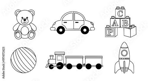 kids toys vector set, teddy bear, toy car, building blocks, ball, train, rocket, flat design, bright pastel colors, clean outlines, isolated on white background, educational and playful style