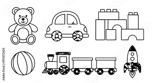 kids toys vector set, teddy bear, toy car, building blocks, ball, train, rocket, flat design, bright pastel colors, clean outlines, isolated on white background, educational and playful style