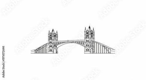 A black and white line drawing of a large arched bridge with two towers