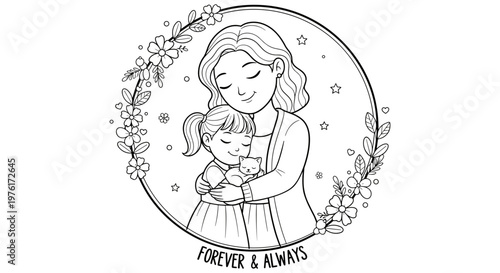 A monochrome illustration of a mother embracing her child and cat, framed by a floral wreath, symbolizing everlasting family bonds and unconditional love