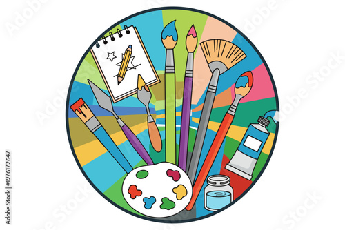 An artistic collection of painting supplies including brushes, palette, easel, and drawing pad, evoking creativity and the joy of artistic expression for art enthusiasts