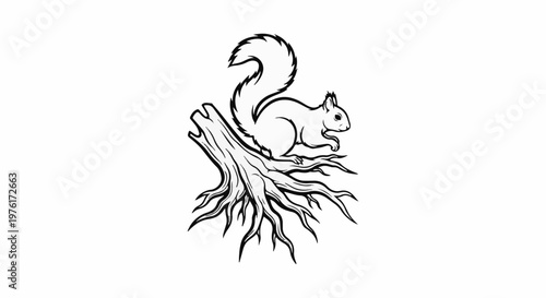 A black and white sketch of a squirrel perched on a tree stump