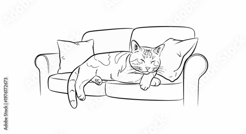A black and white sketch of a striped cat peacefully napping on a comfy couch