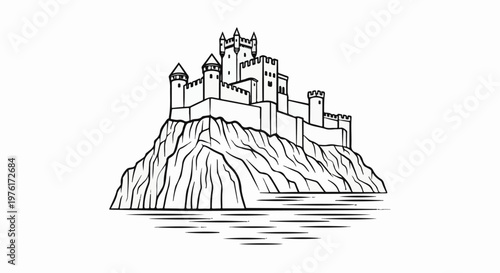 A black and white line drawing of a large castle on a rocky cliff over water
