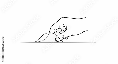 A black and white line drawing of a hand lifting a curved object from a flat surface
