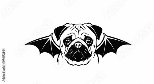 A black and white stylized illustration of a pug with bat wings