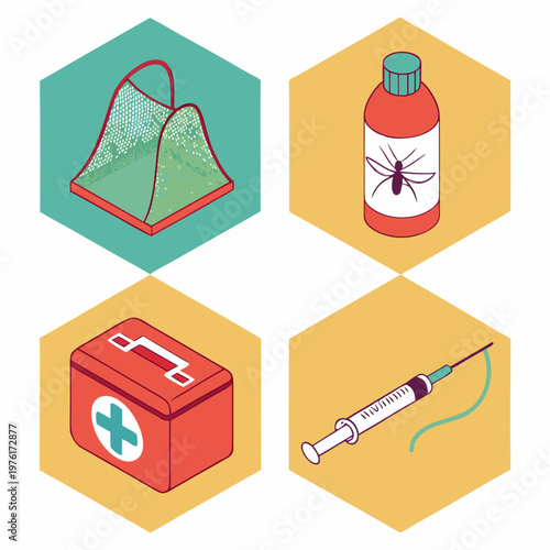 Malaria prevention isometric vector icons collection featuring medical first aid kit syringe mosquito net and repellent bottle for health safety.
