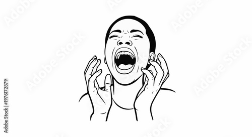 A black and white line drawing of a person with their mouth wide open in a scream