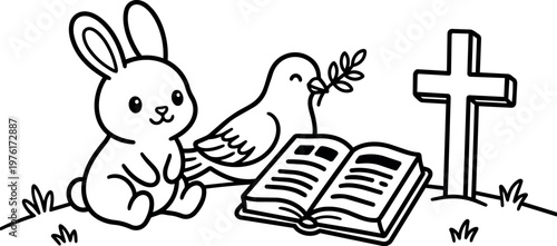Black and white line art bunny with dove holding olive branch near open book and cross