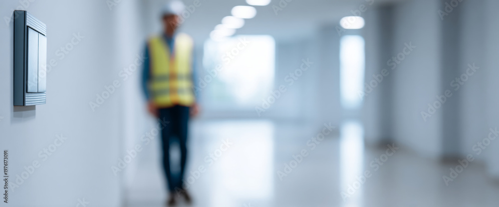 Fototapeta premium Construction worker in empty building corridor