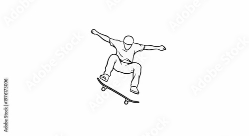 Simple line drawing of a skateboarder performing an aerial trick