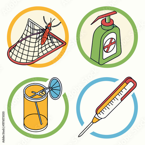 Malaria prevention toolkit icons featuring mosquito net with bug repellent lotion and medical syringe inside circular frames for healthcare concepts.