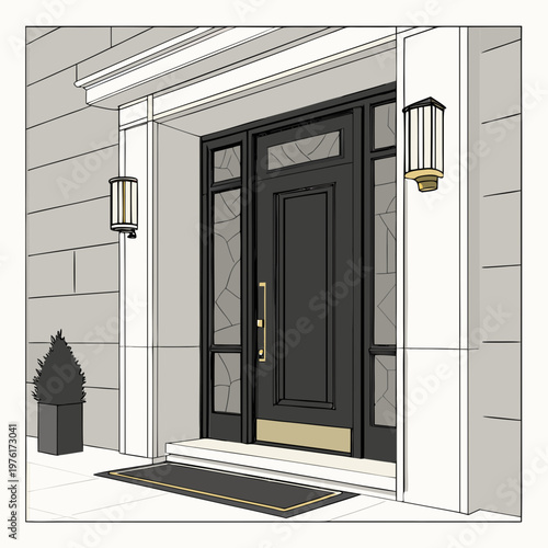 Modern black front door with sidelights and gold hardware, elegant house entrance vector illustration, luxury home exterior with wall sconce lighting