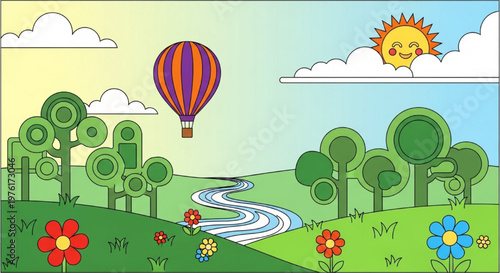 Whimsical cartoon landscape with a vibrant hot air balloon soaring over a winding river and colorful flowers under a cheerful smiling sun