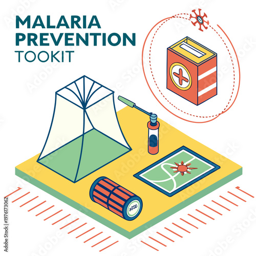 Malaria prevention toolkit with mosquito net spray map mosquito and first aid box illustration.