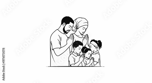 A Black family of four praying together, heads bowed, hands clasped