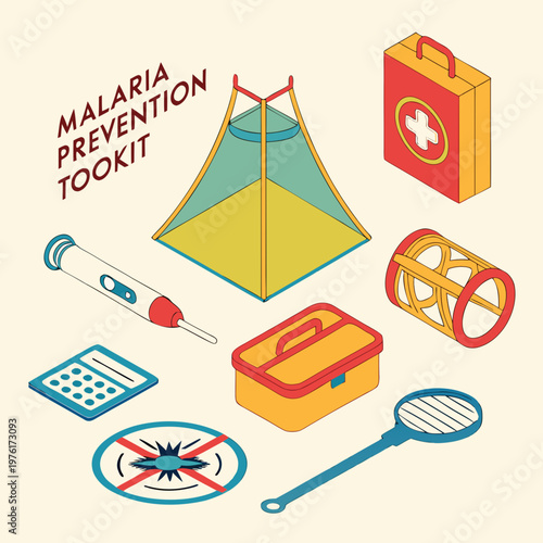 Malaria prevention toolkit isometric vector illustration set showing mosquito tent, thermometer, calculator, first aid kit, and fly swatter.