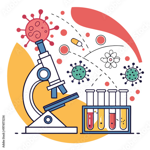 Science laboratory equipment illustration featuring modern microscope test tubes with chemical samples and stylized virus cells in artistic design.