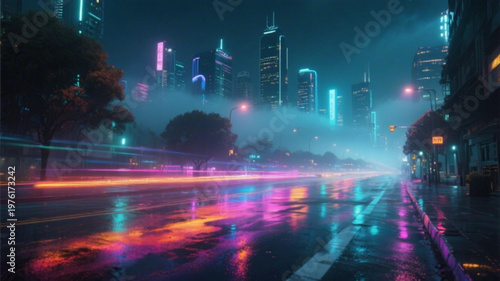A futuristic cityscape at night with a wet road and neon lights reflecting off the pavement.