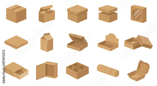 Set of packaging box types with cardboard carton, mailer and gift container for logistics or shipping industry. Ecommerce parcel collection for storage, delivery or retail branding and product mockup