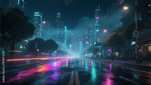 A futuristic cityscape at night with a wet road and neon lights reflecting off the pavement.