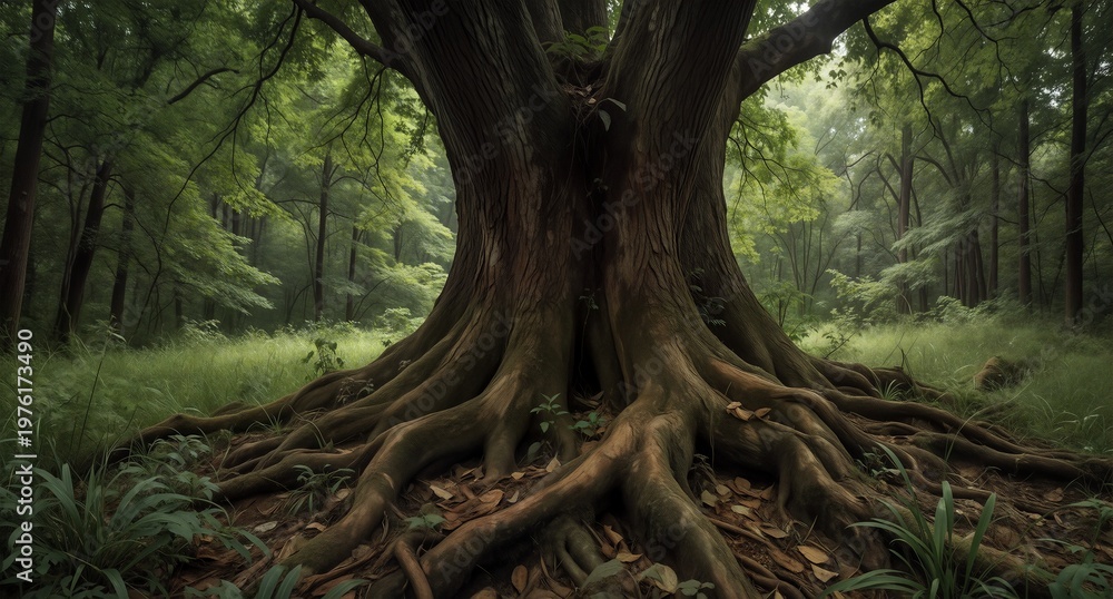 Fototapeta premium Massive ancient tree roots spreading across a lush green forest floor