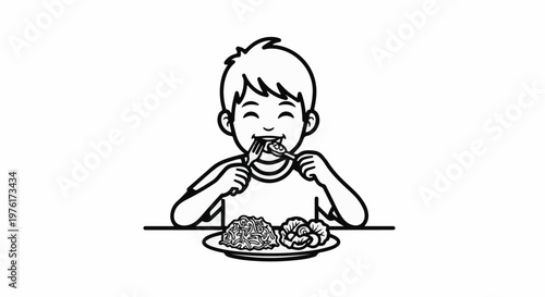 A joyful child happily eats a meal with a fork and spoon