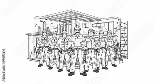 Six construction workers stand in front of an unfinished building structure