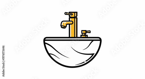 Simple cartoon illustration of a modern basin sink with a gold faucet
