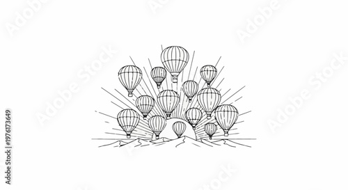 A collection of hot air balloons ascend from mountain peaks as sun rays radiate outwards